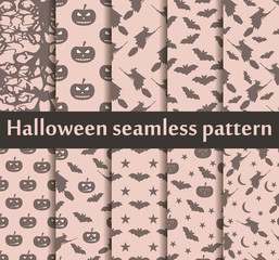 Halloween seamless patterns set. Pattern with Lamp Jack, Bats and witch. Halloween symbols. Vector illustration.