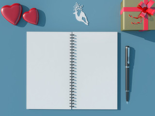 Christmas background with decorations and notebook.3D rendering.