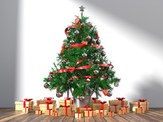 Christmas tree and gift gold in an empty room.3D rendering.