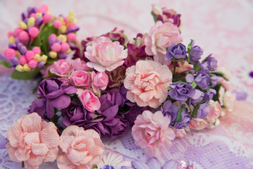 purple paper flowers.