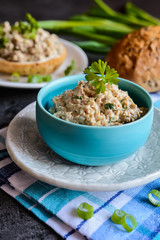 Duck meat spread with onion, mustard and herbs