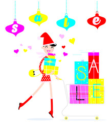 Smiling shopping girl wearing Santa claus hat with sale boxes on the shopping trolley. Happy Christmas customer. Vector illustration.
