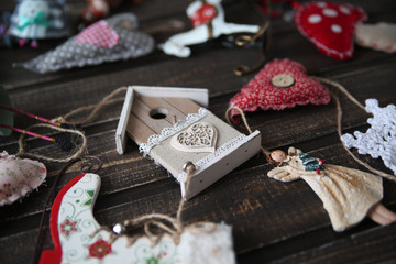 Christmas decorations on wooden dark background