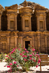 Exterior monastery Ad Deir with oleander bush Petra Jordan, vertical