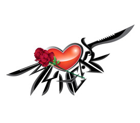 Tattoo designs. Text and heart-shaped knife