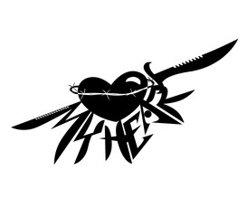 Tattoo designs. Text and heart-shaped knife