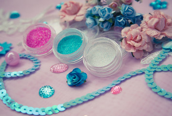 pink and blue tinsel....