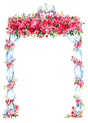 Wedding gazebo decorated with red roses and two kissing pigeons on the top, for wedding invitation card design, hand painted watercolor illustration