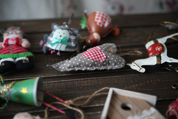 Christmas decorations on wooden dark background