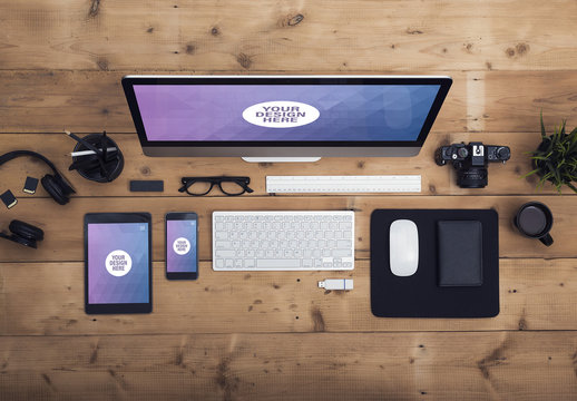 Desktop Computer, Tablet, and Smartphone on a Wooden Table with Creative Tools Mockup 1
