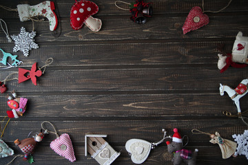 Christmas decorations on wooden dark background