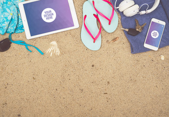 Tablet and Smartphone on the Beach Mockup
