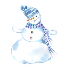 Watercolor illustration of a snowman on a white background. - 124767404