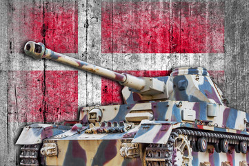 Fototapeta na wymiar Military tank with concrete Denemark flag