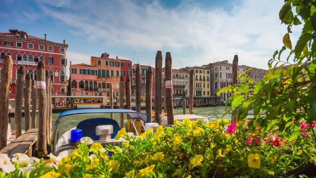 summer day venice city restaurant bay flowers grand canal traffic panorama 4k time lapse italy
