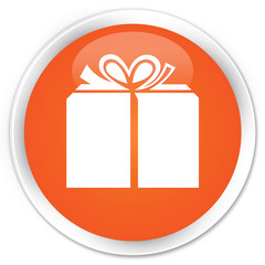 Gift box icon orange glossy round button