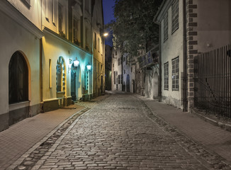 Fototapeta na wymiar Night in old city of Riga, Latvia. Image slightly toned for inspiration of retro style