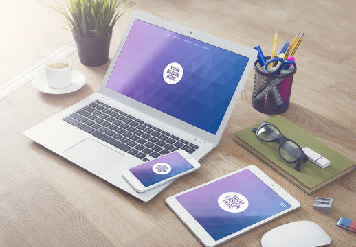 Laptop, Tablet, and Smartphone on Wooden Table with Coffee Cup Mockup 3