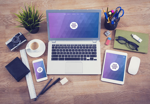 Laptop, Tablet, and Smartphone on Wooden Table with Coffee Cup Mockup 4