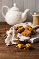 Caramel cookies with nuts, selective focus, vertical