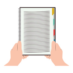 hand with notebook opened on blank paper page icon over white background. vector illustration