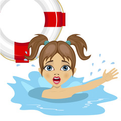 little girl screaming in water while somebody throws ring buoy lifebuoy