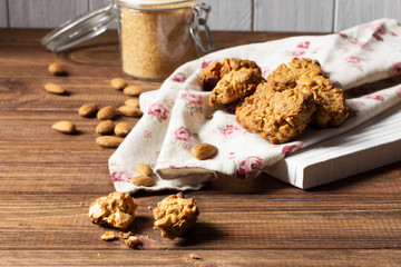 Caramel cookies with nuts, selective focus, horizontal