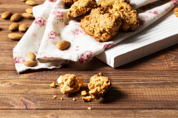 Caramel cookies with nuts, selective focus, horizontal