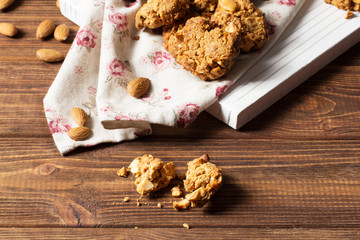 Caramel cookies with nuts, soft focus, horizontal, top view