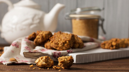 Caramel cookies with nuts, selective focus, horizontal