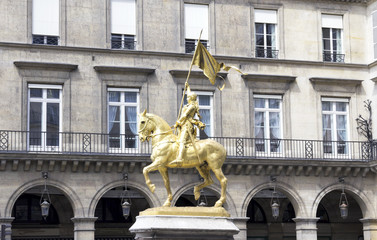 The golden statue of Saint Joan of Arc in Paris, France.