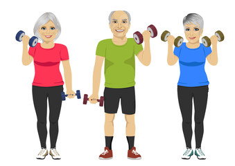 group of senior people exercising dumbbell workout