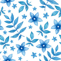 Watercolor seamless patterntwith blue flowers isolated on white. Blue floral repeating background for wrapping paper, textile, fabric etc. 