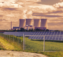 Thermal power plant with solar panels in Czech Republic Europe,sunset sky
