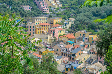 Obraz premium Monterosso in Cinque Terre, Italy, view at the town from mountain trail