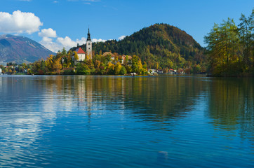 Fototapeta na wymiar Church of the Assumption in the island of the Lake of Bled (Blejsko jezero), Slovenia 