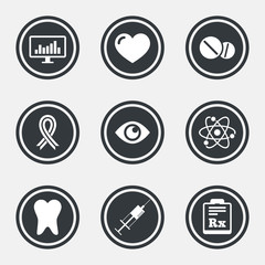 Medicine, medical health and diagnosis icons.