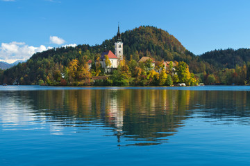 Fototapeta na wymiar Church of the Assumption in the island of the Lake of Bled (Blejsko jezero), Slovenia 