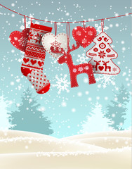 Red knitted christmas stocking with some scandinavian traditional decorations hanging in front of simple winter landscape, illustration