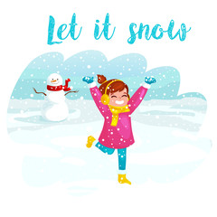 Obraz na płótnie Canvas Winter kids Vector illustration. girl playing with snowflakes. Funny cartoon character. christmas cards