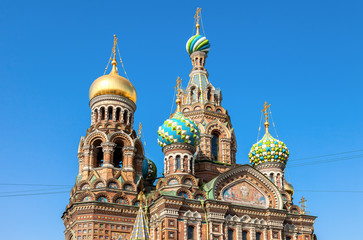 Domes of Church of the Savior on Spilled Blood against blue sky