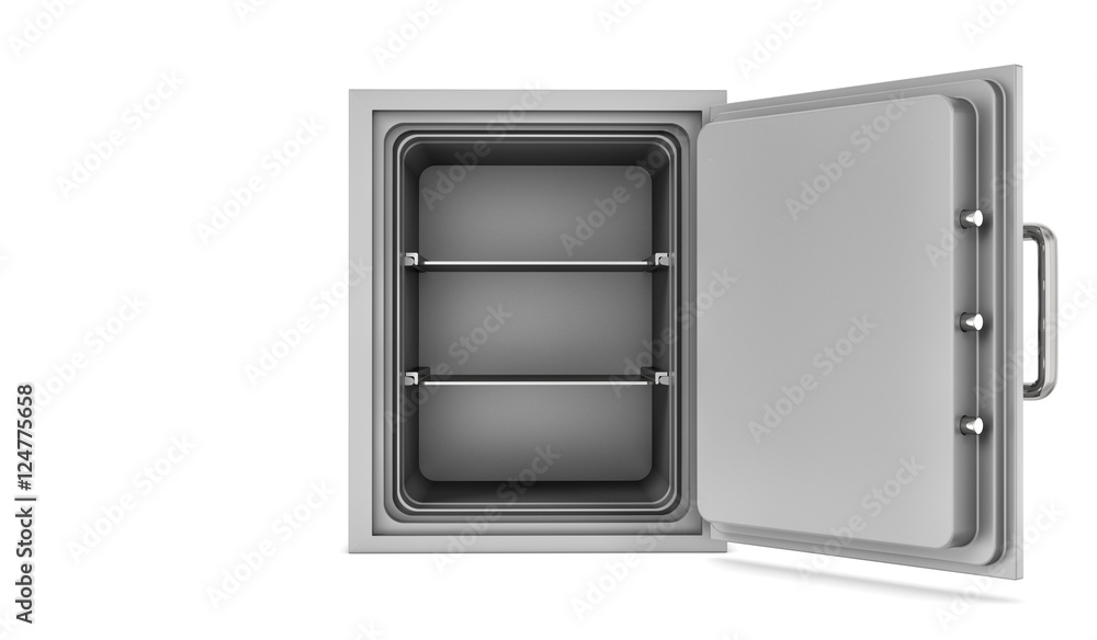 Aufkleber rendering opened empty steel safe box placed in front of viewer isolated on white background