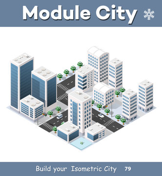 Isometric module of the modern 3D city. Winter landscape snowy trees, streets. Three-dimensional views of skyscrapers, houses, buildings and urban areas with transport roads, intersections