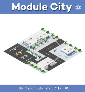 Isometric module of the modern 3D city. Winter landscape snowy trees, streets. Three-dimensional views of skyscrapers, houses, buildings and urban areas with transport roads, intersections