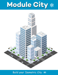 Fototapeta premium Isometric module of the modern 3D city. Winter landscape snowy trees, streets. Three-dimensional views of skyscrapers, houses, buildings and urban areas with transport roads, intersections
