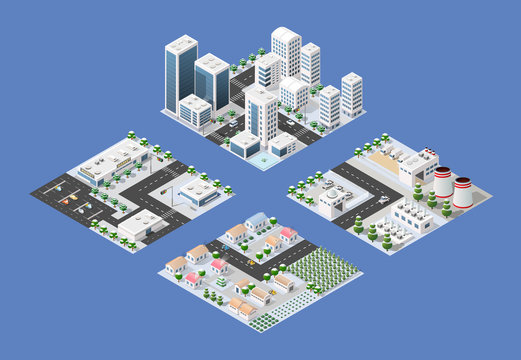 Set of isometric module of the modern 3D city. Winter landscape snowy trees, streets. Three-dimensional views of skyscrapers, houses, building and urban areas with transport roads, intersections