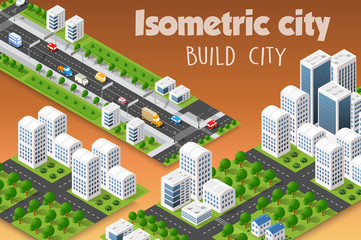 Isometric set of the modern 3D city. Landscape trees, streets. Three-dimensional views of skyscrapers, houses, buildings and urban areas with transport roads