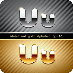 3d Joyful set of chrome metal and gold vector alphabet. The letter "U".Eps 10.  © Mr. Master