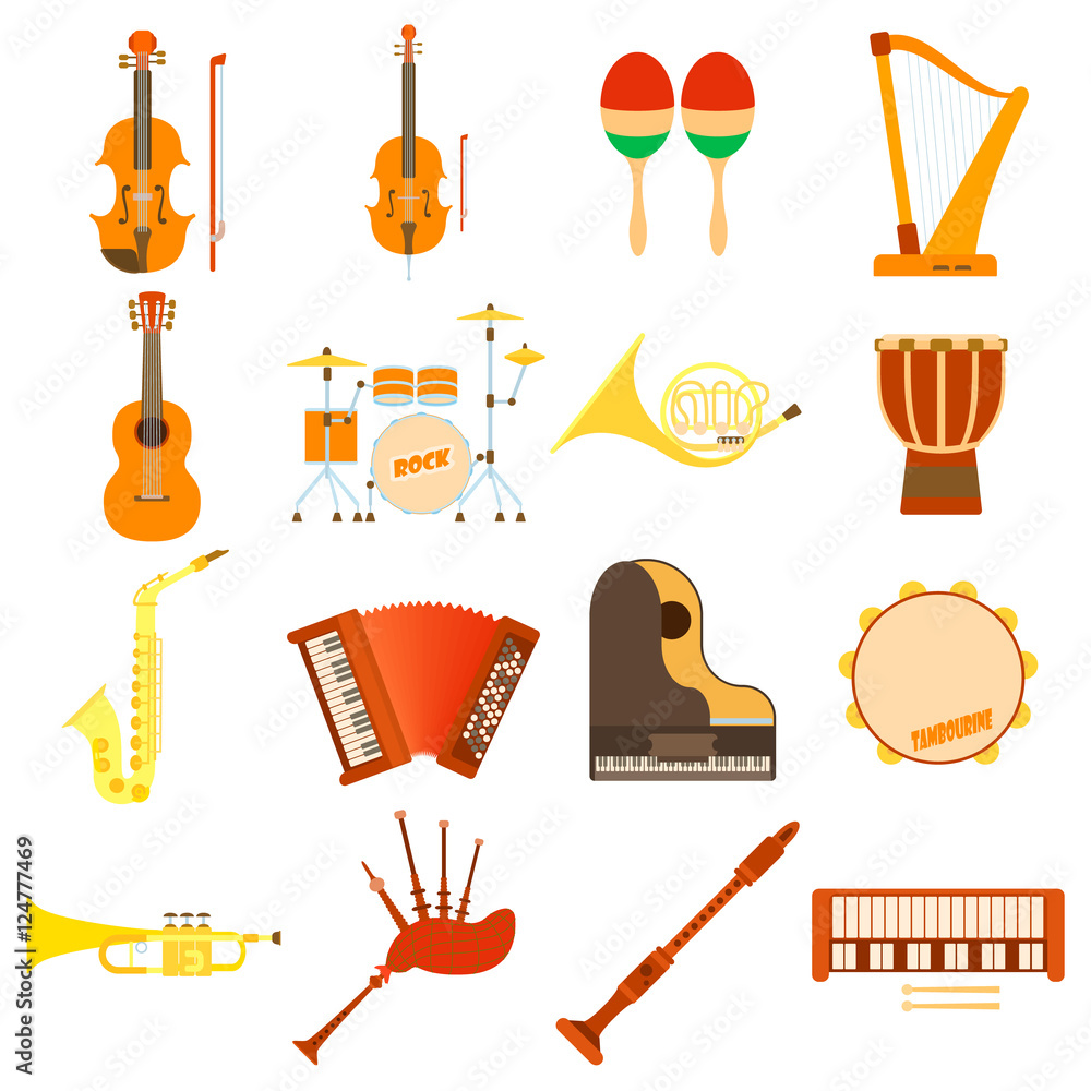 Aufkleber musical instruments icons set. flat illustration of 16 musical instruments vector icons for web