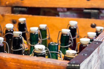 Empty green and brown vintage bottles
